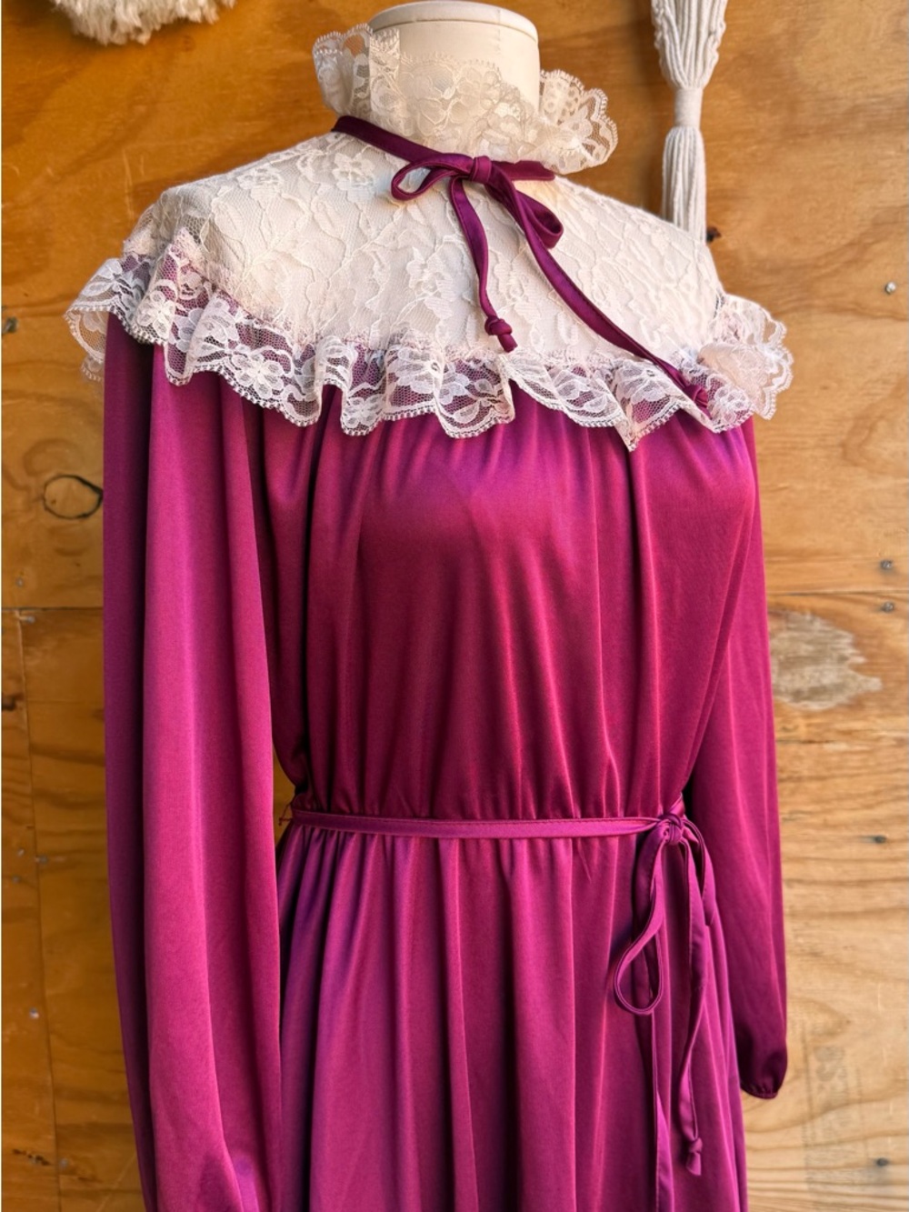 Vtg Wine Lace Collar Midi Dress Fit-Flared Long Sleeve ILGWU Unionmade Dre - Picture 6 of 12